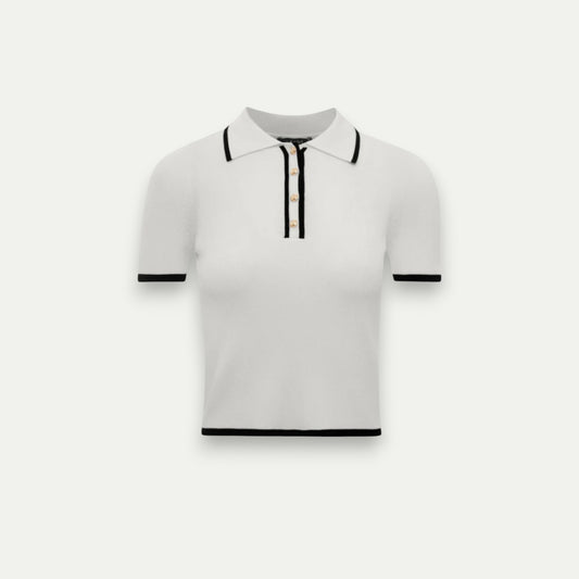 Azirado women's cropped polo shirt in white with black trimming and button details