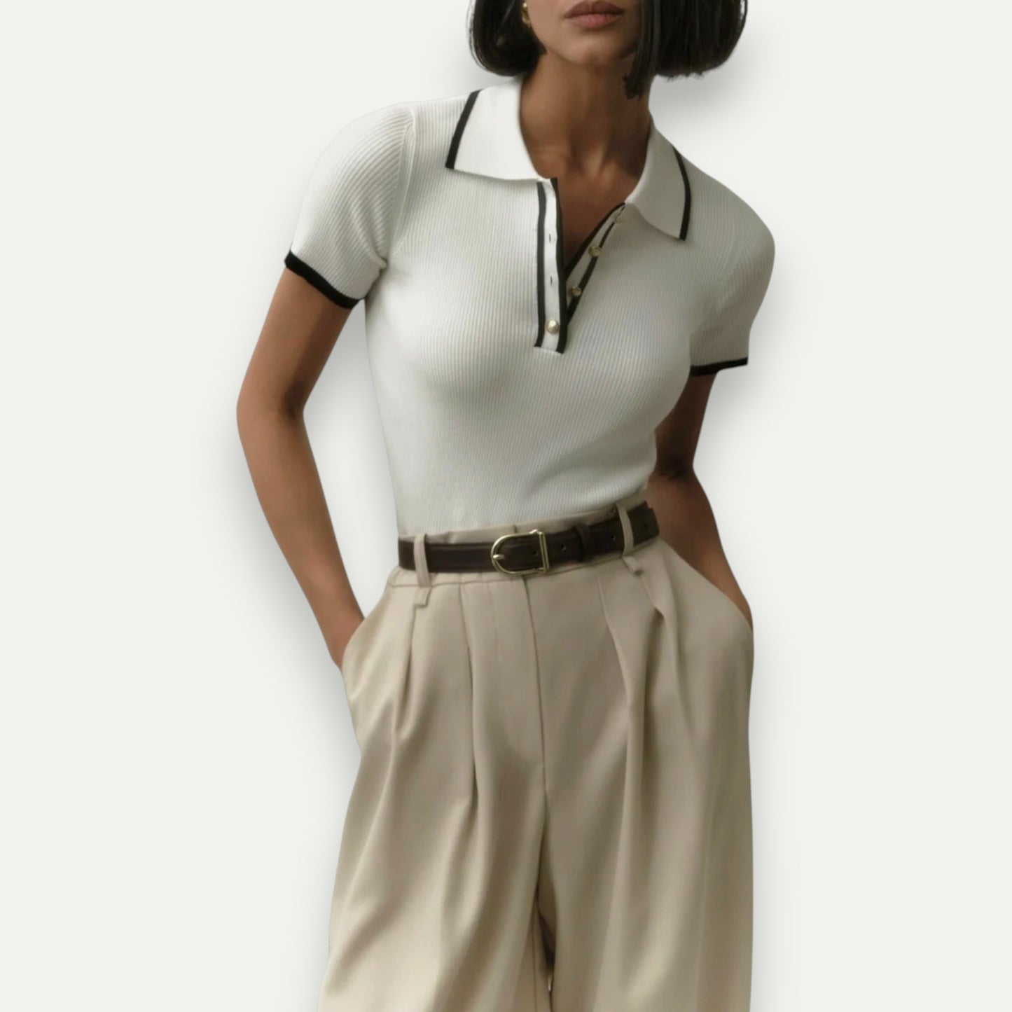 Azirado women's cropped polo shirt in white with black trim, perfect for stylish casual wear