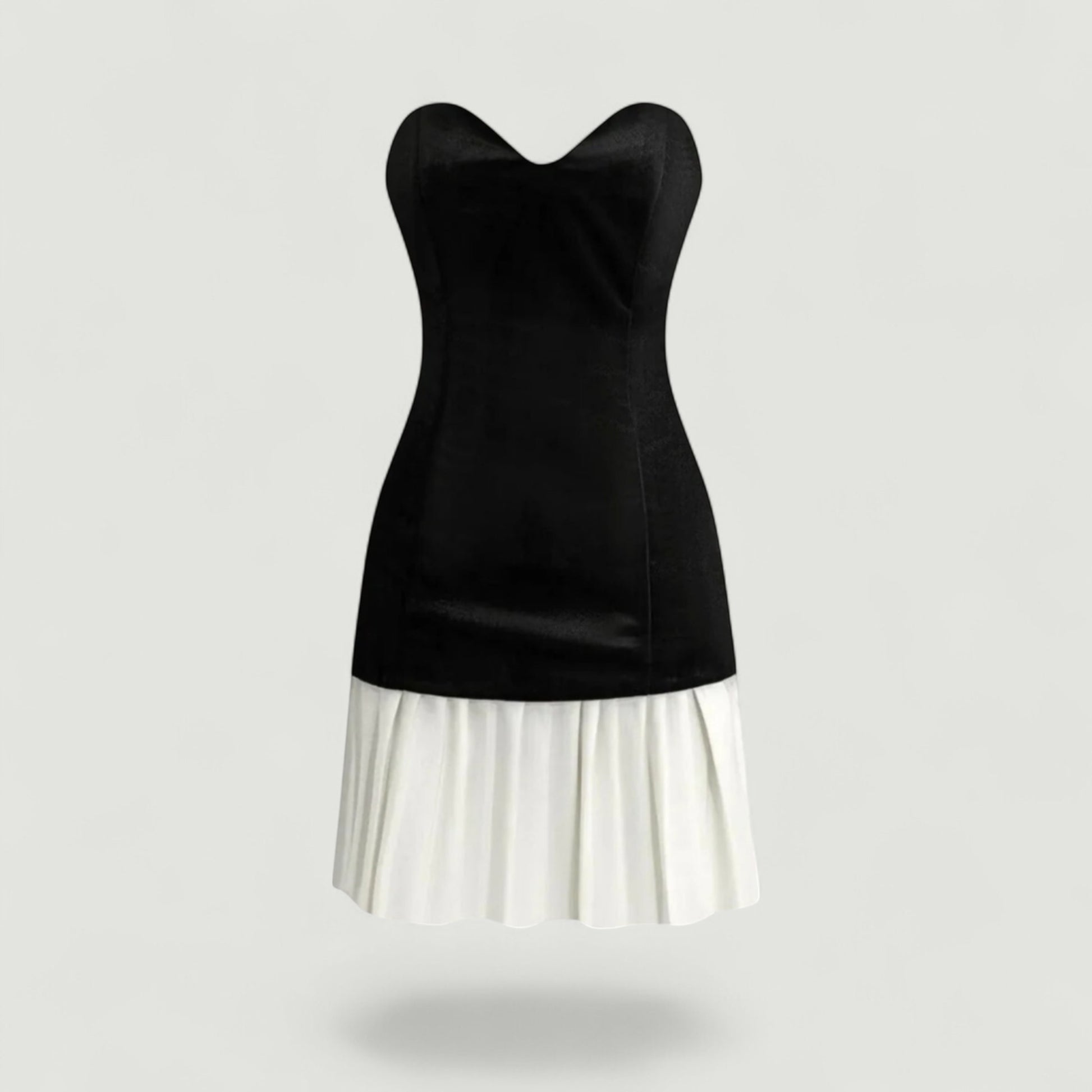 Azirado women's velvet strapless mini dress featuring a black top and white pleated skirt